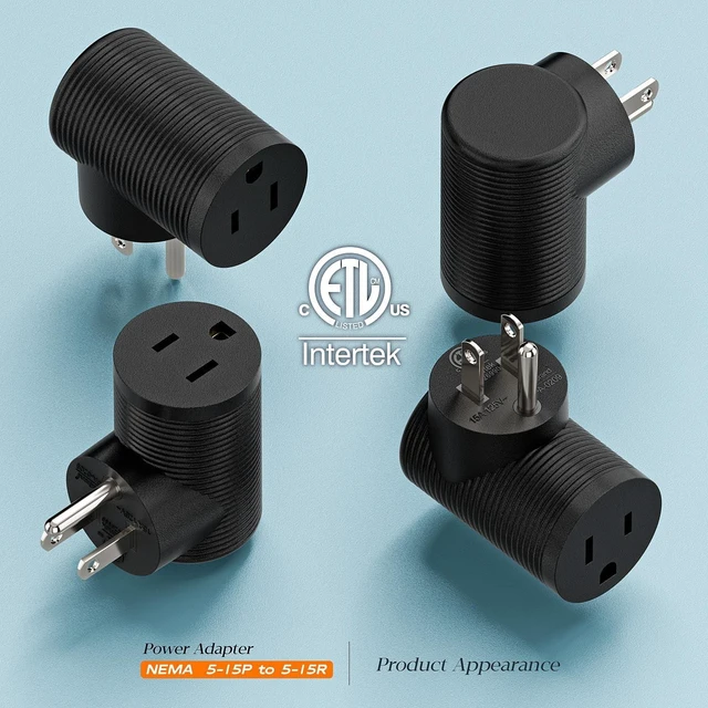 Alt view image 3 of 7 - 5-15R to 5-15P Right Angle Power Adaptor, Right Angled USA 3-Prong Male-Female Adapter,90 Degree Angled USA Male Female Power Adapter PA-0209