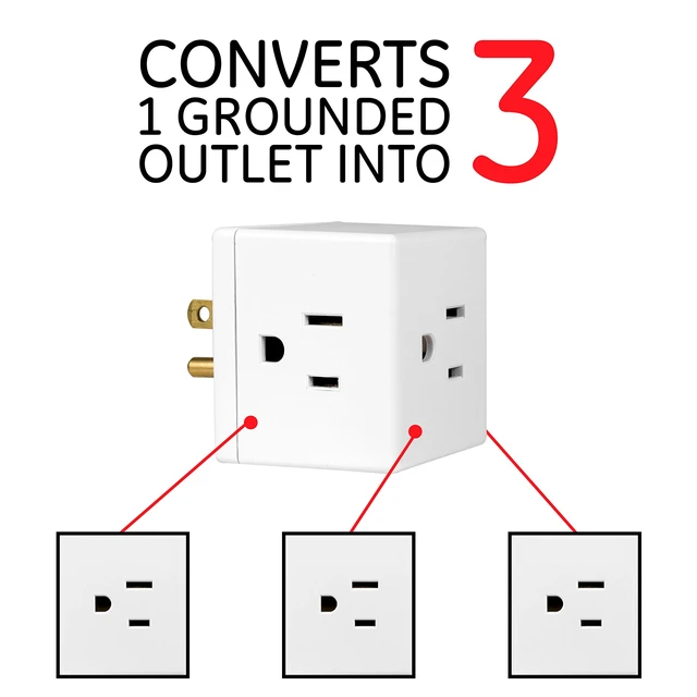 Alt view image 2 of 6 - Outlet Extender, 3 Outlet Multi Plug Wall Power Splitter | 3 Prong Multiple Plug Wall Adapter (Wide Spaced Outlets), Electrical Expander, Cube Design, UL Safety Listed, White, 58368