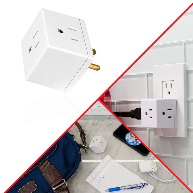 Alt view image 5 of 6 - Outlet Extender, 3 Outlet Multi Plug Wall Power Splitter | 3 Prong Multiple Plug Wall Adapter (Wide Spaced Outlets), Electrical Expander, Cube Design, UL Safety Listed, White, 58368