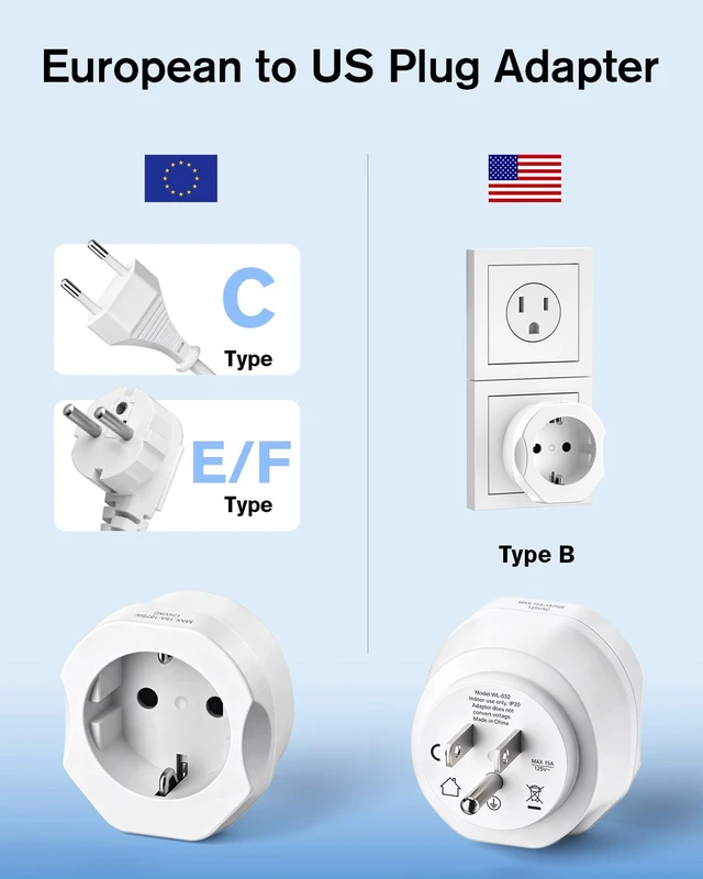 Alt view image 2 of 7 - European to US Plug Adapter, EU to US Travel Plug Converter, 1 Pack | Europe to USA Adapter, For Most of EU Spain France Type C E F Plugs to America, Adapter Grounded