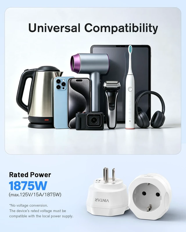 Alt view image 3 of 7 - European to US Plug Adapter, EU to US Travel Plug Converter, 1 Pack | Europe to USA Adapter, For Most of EU Spain France Type C E F Plugs to America, Adapter Grounded