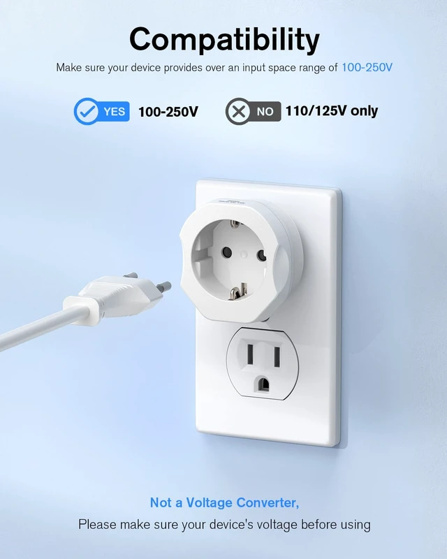 Alt view image 4 of 7 - European to US Plug Adapter, EU to US Travel Plug Converter, 1 Pack | Europe to USA Adapter, For Most of EU Spain France Type C E F Plugs to America, Adapter Grounded