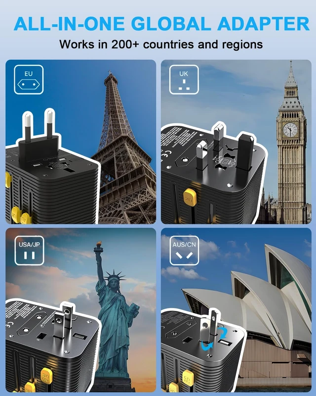 Alt view image 4 of 7 - Travel Adapter, PD 20W MAX International Power Adapter with 2 USB-C & 2 USB-A Ports, All-in-One Portable Travel Adapter, Worldwide Wall Charger for USA, UK, EU, AU, Travel Essentials (Black)