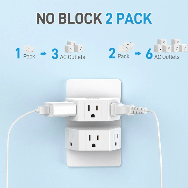 Alt view image 2 of 7 - 2 Pack 3 Prong Multi Plug Wall Outlet Extender, 3 AC Outlet Adapter | Small Portable Outlet Splitter for Cruise, Travel, Dorm Room, Lightweight Wall Plug Extender for Hotel and Household Use