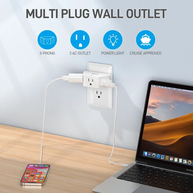 Alt view image 3 of 7 - 2 Pack 3 Prong Multi Plug Wall Outlet Extender, 3 AC Outlet Adapter | Small Portable Outlet Splitter for Cruise, Travel, Dorm Room, Lightweight Wall Plug Extender for Hotel and Household Use