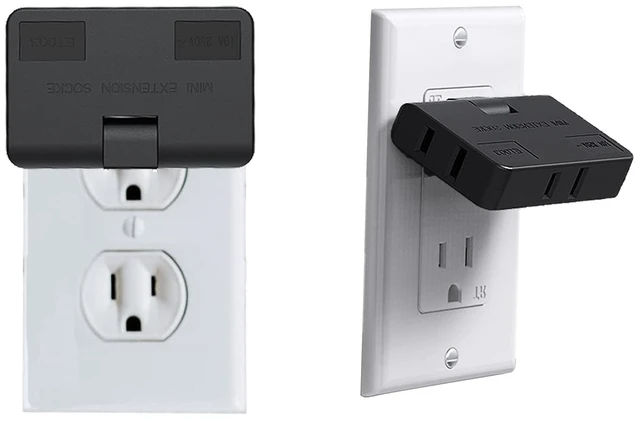 Main image of 3-Way Flat Wall Outlet Extender & Splitter, 2-Prong Swivel Mini Plug - Safe AC Adapter for Home/Travel, Type A Black (2 Pack)