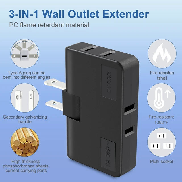 Alt view image 2 of 7 - 3-Way Flat Wall Outlet Extender & Splitter, 2-Prong Swivel Mini Plug - Safe AC Adapter for Home/Travel, Type A Black (2 Pack)