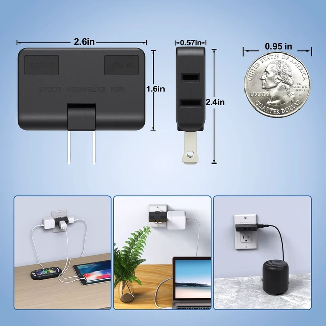 Alt view image 4 of 7 - 3-Way Flat Wall Outlet Extender & Splitter, 2-Prong Swivel Mini Plug - Safe AC Adapter for Home/Travel, Type A Black (2 Pack)