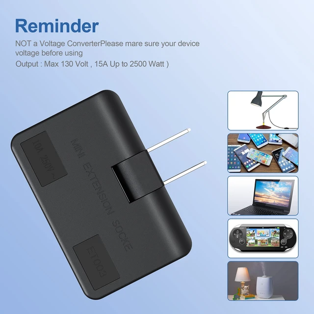 Alt view image 3 of 7 - 3-Way Flat Wall Outlet Extender & Splitter, 2-Prong Swivel Mini Plug - Safe AC Adapter for Home/Travel, Type A Black (2 Pack)