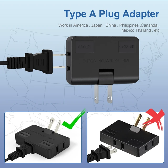Alt view image 5 of 7 - 3-Way Flat Wall Outlet Extender & Splitter, 2-Prong Swivel Mini Plug - Safe AC Adapter for Home/Travel, Type A Black (2 Pack)