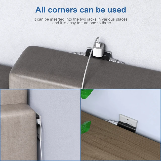 Alt view image 6 of 7 - 3-Way Flat Wall Outlet Extender & Splitter, 2-Prong Swivel Mini Plug - Safe AC Adapter for Home/Travel, Type A Black (2 Pack)