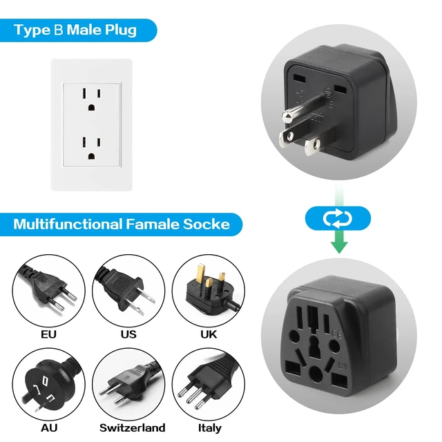 Alt view image 2 of 6 - 2 Pack US Travel Plug Adapter, EU,UK,AU,in,CN,JP,Asia,Italy,Brazil to USA (Type B), 3 Prong Grounded USA Wall Plug Wall Outlet Power Charger Converter (Black)