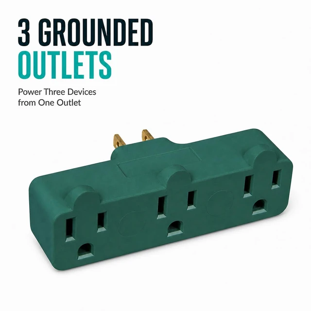 Alt view image 2 of 7 - 3-Prong 3-Outlet Extender Adapter, Heavy Duty Triple Grounding Outlet. 5 Pack