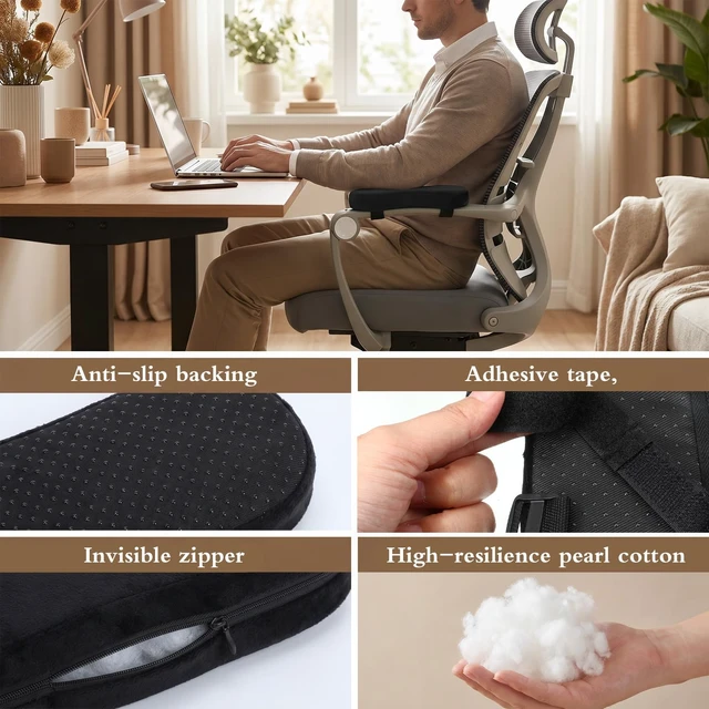 Alt view image 4 of 7 - 2 Pack Non-Slip Armrest Pads Ergonomic Thick Memory Foam Arm Pads for Office, Gaming Chairs (Black)