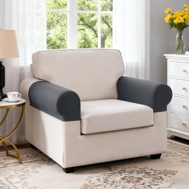 Main image of Stretch Sofa Arm Covers 2 Pieces Polyester Couch Armrest Cover for Sofa Sectional Couch L Shape, Arms Covers Set of 2, Soft Washable Furniture Protector, Dark Grey