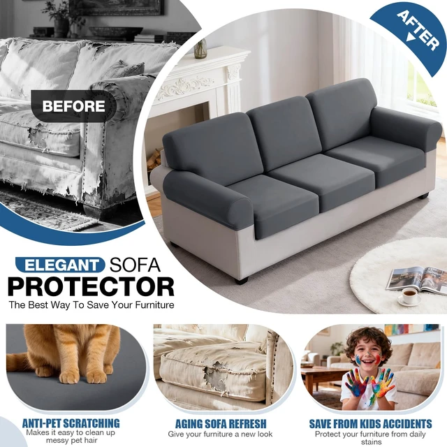 Alt view image 3 of 7 - Stretch Sofa Arm Covers 2 Pieces Polyester Couch Armrest Cover for Sofa Sectional Couch L Shape, Arms Covers Set of 2, Soft Washable Furniture Protector, Dark Grey