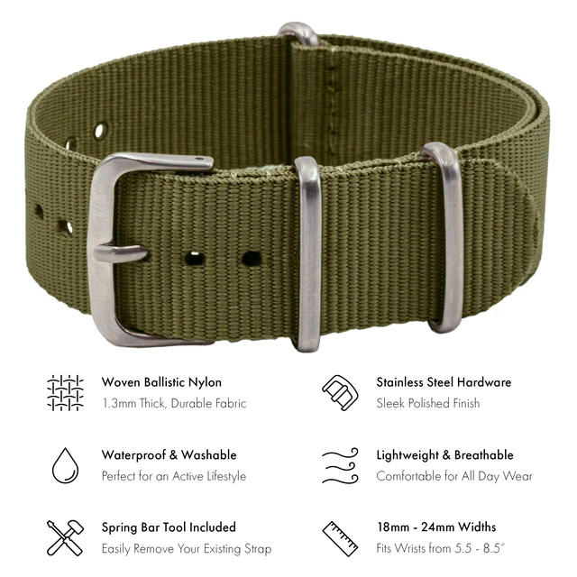 Alt view image 2 of 5 - Watch Band - Waterproof Ballistic Nylon One-Piece Military Watch Straps for Men & Women (18mm, Army Green)