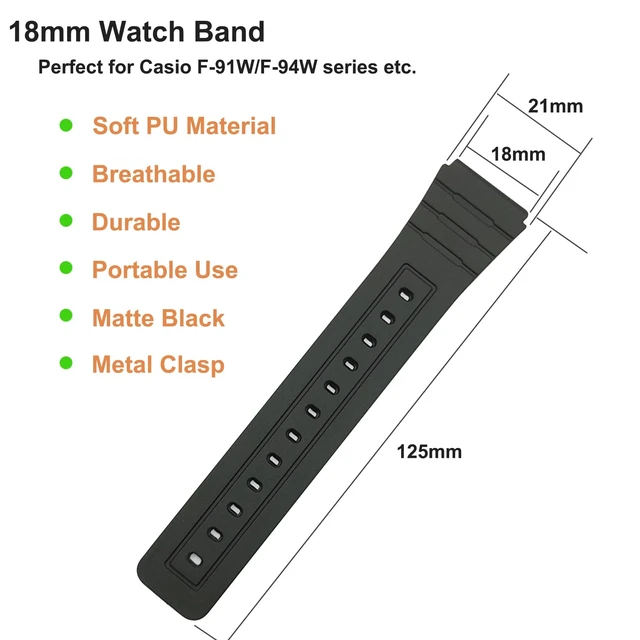 Alt view image 4 of 6 - Replacement Band for Casio F-84/F-91W/F-94/F-105/A158/A168, Soft PU Watch Strap for Casio A158 Series (Black)