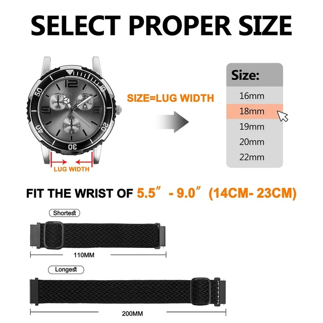Alt view image 5 of 7 - Stretchy Nylon Watch Band, Adjustable Buckle Loop Bands, Quick Release, Elastic Braided Nylon Strap 16mm, Black