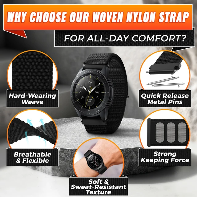 Alt view image 3 of 7 - 20mm Watch Band, Nylon Quick Release Strap, Adjustable 6.38.3" | Black Smart Watch Bands for Men; Breathable, Hook-and-Loop Closure; Comfortable Everyday Wear for Men and Women