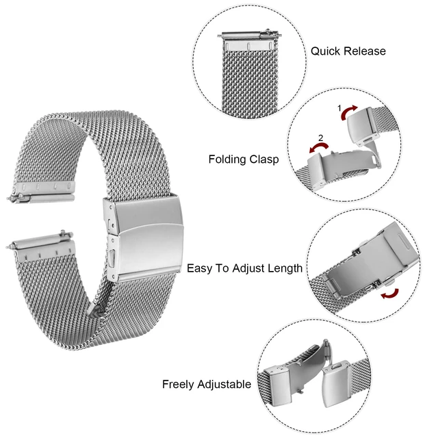 Alt view image 6 of 7 - Stainless Steel Mesh Watch Band 22mm Width 1.8mm Thick Quick Release Metal Watch Strap Adjustable Fold Clasp Replacement Bands for Men Women, Silver Tone