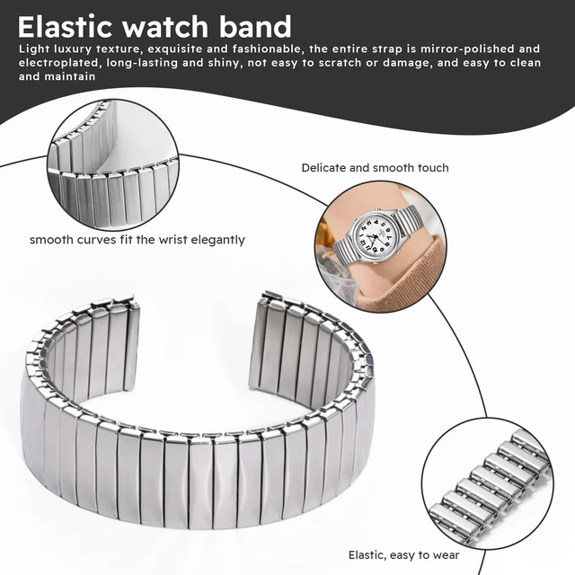 Alt view image 7 of 7 - 18mm Expansion Watch Bands,Stainless Steel Quick-release Strap | One-piece Design, Unisex Elastic Watch Strap - Silver