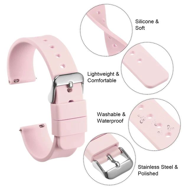 Alt view image 6 of 7 - Silicone Watch Band 14mm Width Quick Release Soft Rubber Replacement Watch Strap with Stainless Steel Buckle for Men Women, Pink