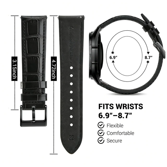 Alt view image 3 of 7 - 22mm Premium Leather Watch Band for Men, Alligator-Embossed, Black | Genuine cowhide alligator-scale texture, Quick release spring bars, Black stainless buckle, Fits most watches & smartwatches