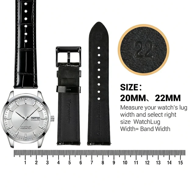 Alt view image 4 of 7 - 22mm Premium Leather Watch Band for Men, Alligator-Embossed, Black | Genuine cowhide alligator-scale texture, Quick release spring bars, Black stainless buckle, Fits most watches & smartwatches