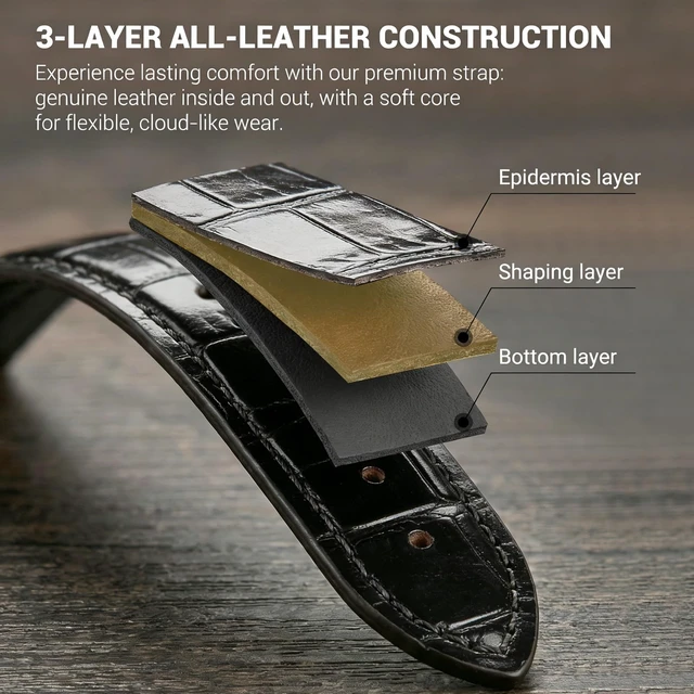 Alt view image 5 of 7 - 22mm Premium Leather Watch Band for Men, Alligator-Embossed, Black | Genuine cowhide alligator-scale texture, Quick release spring bars, Black stainless buckle, Fits most watches & smartwatches