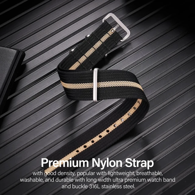 Alt view image 2 of 7 - FROG Nylon Watch Band 18mm 19 mm 20mm 22 mm 24 mm, Waterproof Military Watch Straps Replacement for Men Women, With Stainless Steel Buckle (BlackKhaki, 20mm)