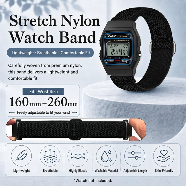 Alt view image 3 of 7 - 18mm Elastic Nylon Watch Band Compatible for Casio F-91W/F-84/F-94/F-105/F-108/AE-1200/W-217H/W-218H/A-158W/A-168W/SGW-300H/W-800H, Quick Release Sport Wristband Soft Breathable Replacement Strap