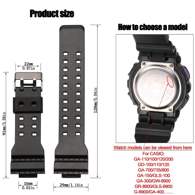 Alt view image 2 of 5 - 16mm Resin Strap Replacement for G-Shock ga110 ga100 ga120 gd100 g8900 Men's Rubber Watch Band