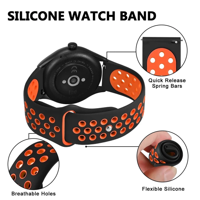 Alt view image 4 of 7 - Watch Bands for Men and Women, Ventilated Silicone Watch Straps, Quick Release Sport Loop Band, 22mm, Black/Orange