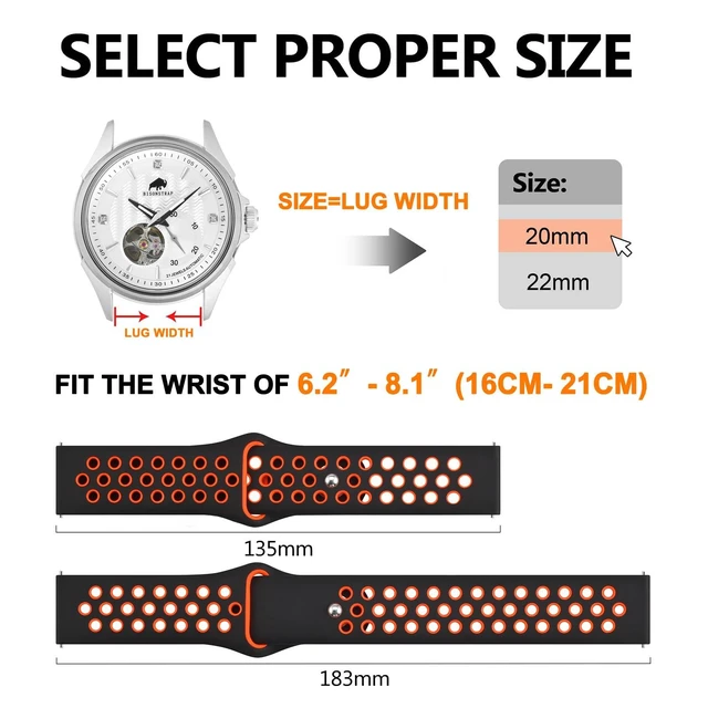 Alt view image 5 of 7 - Watch Bands for Men and Women, Ventilated Silicone Watch Straps, Quick Release Sport Loop Band, 22mm, Black/Orange