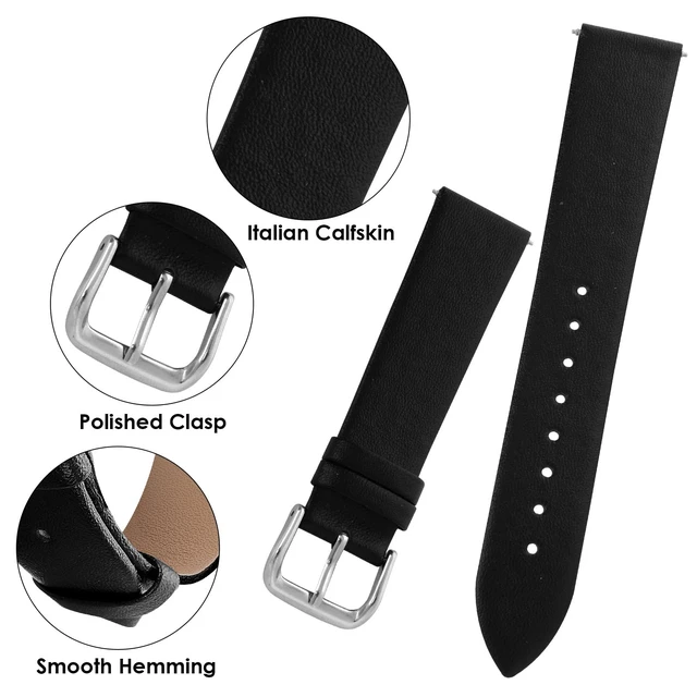 Alt view image 3 of 7 - 18mm Leather Watch Straps, Soft Calfskin Leather Watch Band | Quick Release Replacement, Universal Watches Bracelet with Stainless Steel Clasp Buckle for Men & Women(Black)