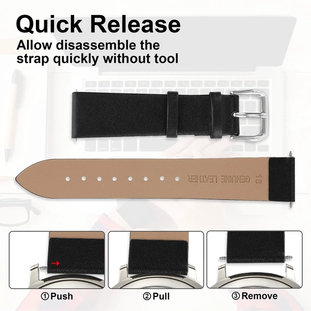 Alt view image 4 of 7 - 18mm Leather Watch Straps, Soft Calfskin Leather Watch Band | Quick Release Replacement, Universal Watches Bracelet with Stainless Steel Clasp Buckle for Men & Women(Black)