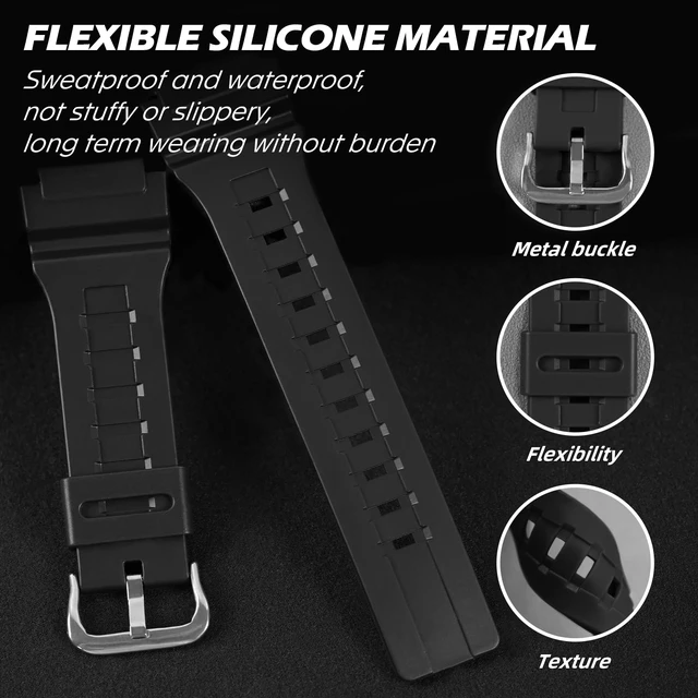 Alt view image 3 of 7 - 20mm Replacement Silicone Watch Band for Casio MCW-200H / MCW-200H-1AV MCW-200H-2AV / MCW-200H-9AV / MCW200H - Waterproof Men's Watchband Replacement, Casio Watch Strap (Black)