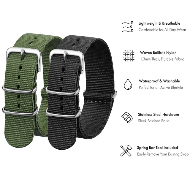 Alt view image 4 of 7 - Nylon Watchband Replacement Quick Release Heavy Buckle Watchstraps for Men Women (18MM, Green/Black)