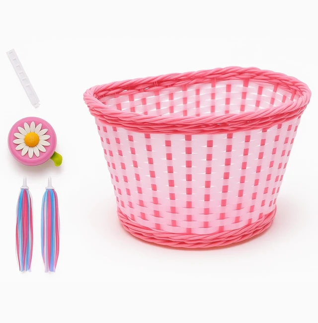 Main image of Girls Bike Basket with Daisy Bell & Streamers, 12-16 in, Pink | Woven handlebar carrier for children, suits 12 to 16 inch rides, fun accessory for little riders, holiday present, easy mount