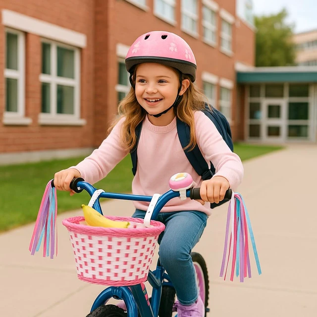 Alt view image 2 of 7 - Girls Bike Basket with Daisy Bell & Streamers, 12-16 in, Pink | Woven handlebar carrier for children, suits 12 to 16 inch rides, fun accessory for little riders, holiday present, easy mount