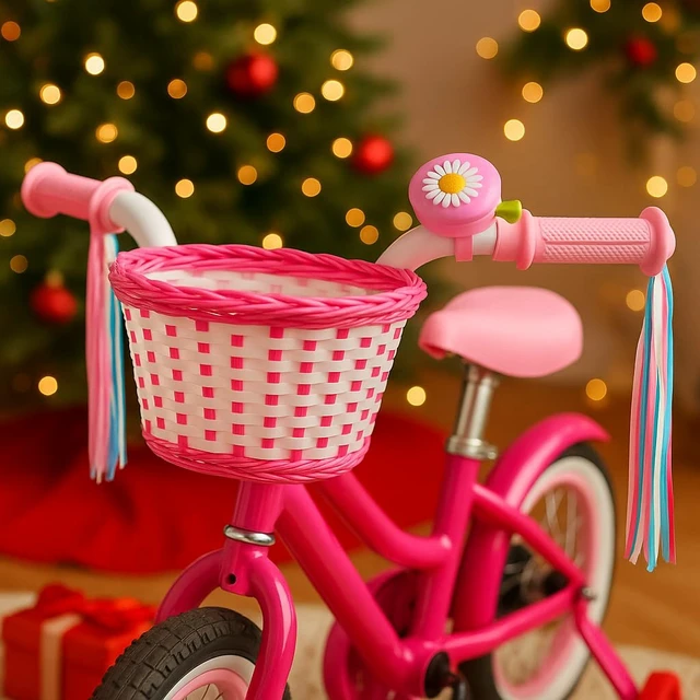 Alt view image 3 of 7 - Girls Bike Basket with Daisy Bell & Streamers, 12-16 in, Pink | Woven handlebar carrier for children, suits 12 to 16 inch rides, fun accessory for little riders, holiday present, easy mount