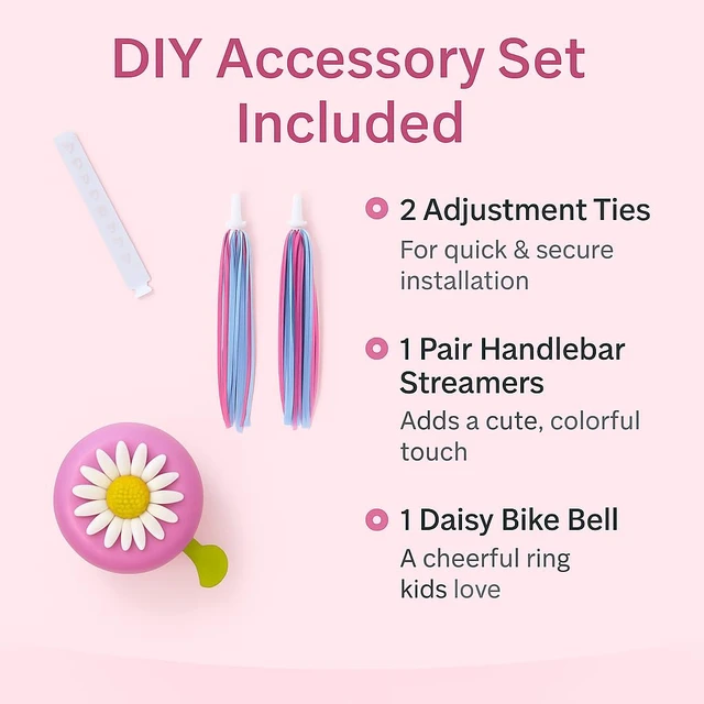 Alt view image 6 of 7 - Girls Bike Basket with Daisy Bell & Streamers, 12-16 in, Pink | Woven handlebar carrier for children, suits 12 to 16 inch rides, fun accessory for little riders, holiday present, easy mount