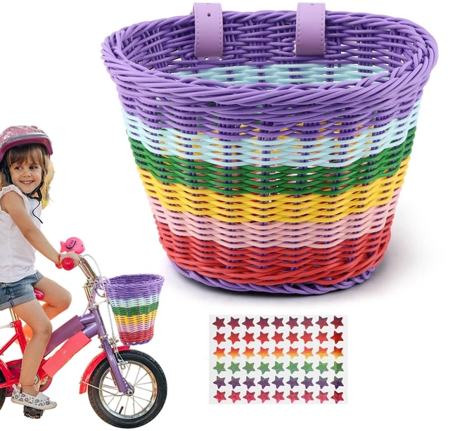 Main image of Bike Basket Kids Front, Rainbow Hand-Woven Bicycle Front Basket, Multi-Color Boys Girls Front Bicycle Basket Tricycle Cruiser Bikes & Folding Bike Basket for Kids Adults(Rainbow)