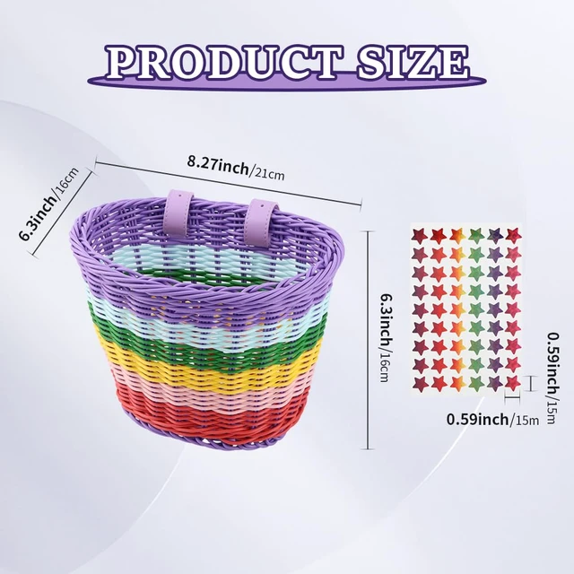 Alt view image 2 of 7 - Bike Basket Kids Front, Rainbow Hand-Woven Bicycle Front Basket, Multi-Color Boys Girls Front Bicycle Basket Tricycle Cruiser Bikes & Folding Bike Basket for Kids Adults(Rainbow)