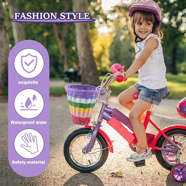 Alt view image 6 of 7 - Bike Basket Kids Front, Rainbow Hand-Woven Bicycle Front Basket, Multi-Color Boys Girls Front Bicycle Basket Tricycle Cruiser Bikes & Folding Bike Basket for Kids Adults(Rainbow)