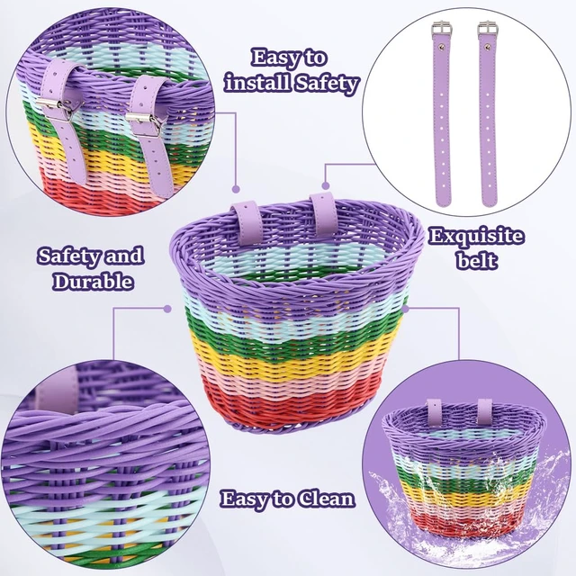 Alt view image 7 of 7 - Bike Basket Kids Front, Rainbow Hand-Woven Bicycle Front Basket, Multi-Color Boys Girls Front Bicycle Basket Tricycle Cruiser Bikes & Folding Bike Basket for Kids Adults(Rainbow)