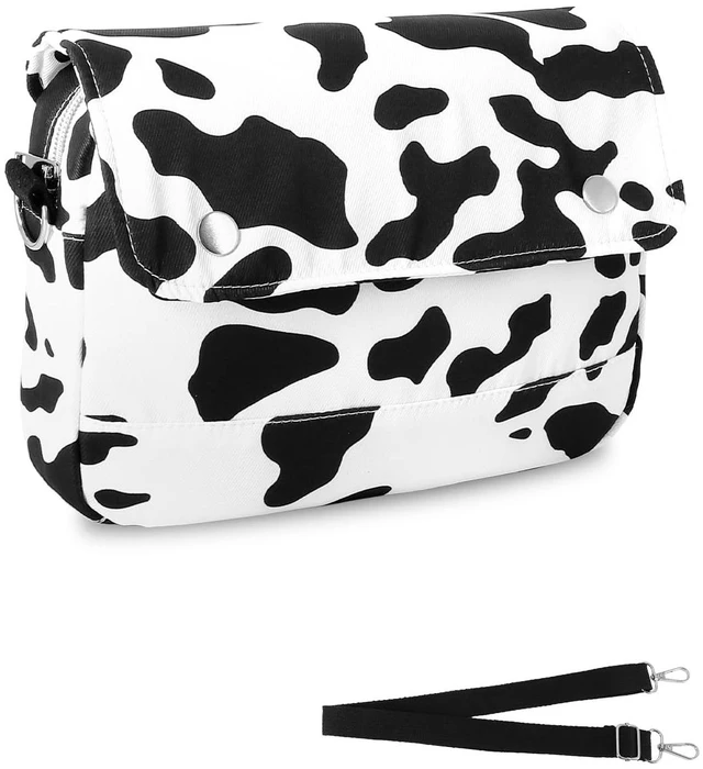 Main image of Bike Handlebar Bag Versatile Crossbody Shoulder Bag for Kids, Teens & Adults, Durable 2-in-1 Bicycle Basket with Storage Pockets (Black & White Cow Print)