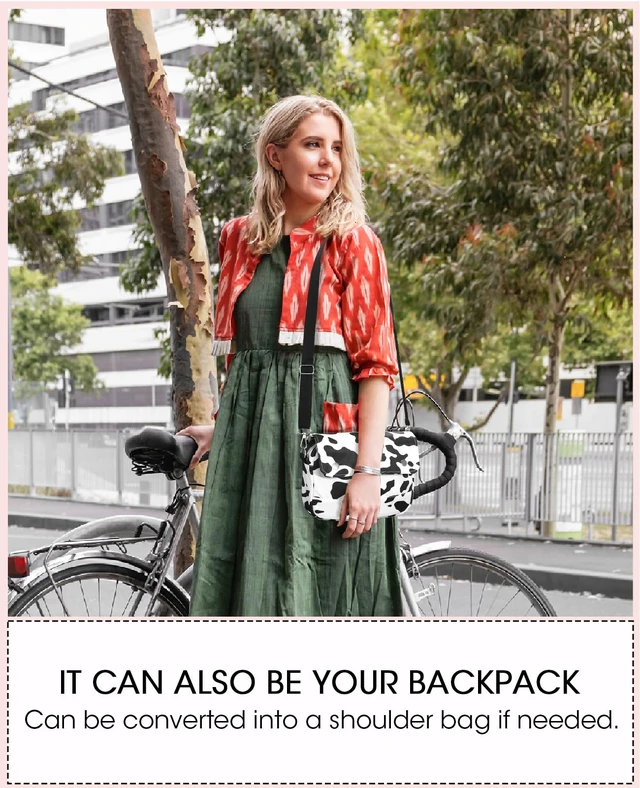 Alt view image 5 of 5 - Bike Handlebar Bag Versatile Crossbody Shoulder Bag for Kids, Teens & Adults, Durable 2-in-1 Bicycle Basket with Storage Pockets (Black & White Cow Print)