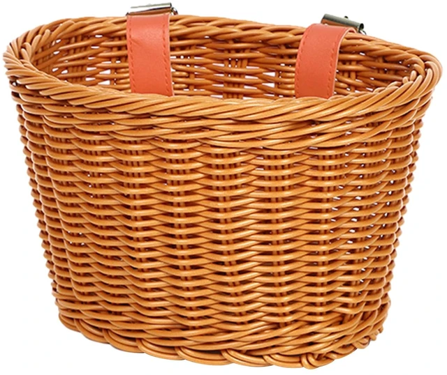 Main image of Childrens Bicycles Front Basket Waterproof Plastic Woven Bike Basket Kids Bicycles Wicker Basket for Boy and Girl, 21*15*15cm, Coffee